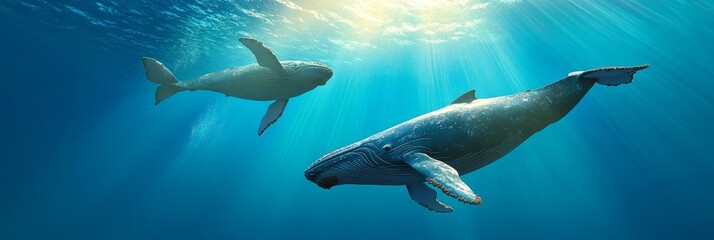 Obraz premium Two majestic whales gracefully swim through the clear blue ocean, bathed in sunlight. Their sleek bodies glide effortlessly, showcasing the beauty and power of these magnificent creatures. The image s