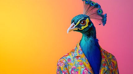 Fototapeta premium Surreal Fashion-Forward Peacock in Vibrant Preppy Attire on Colorful Studio Set