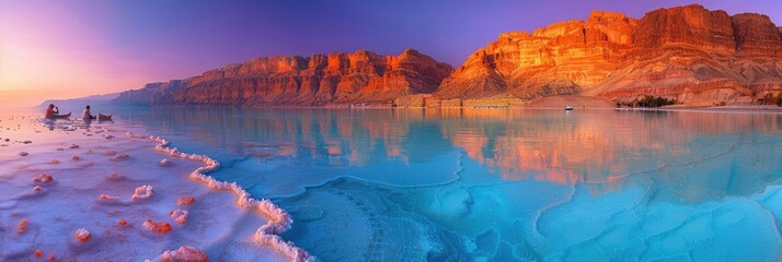 Relaxing at sunset by the serene waters of the Dead Sea with mountains in the background
