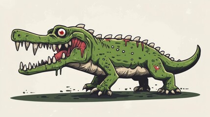 Fototapeta premium Cartoon illustration of a fierce green crocodile with sharp teeth and scars, walking on a patch of grass.