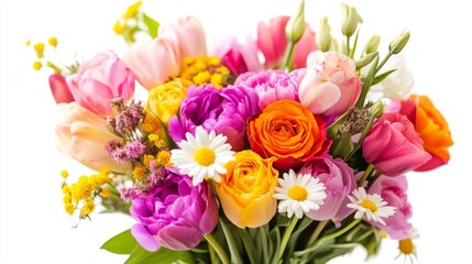 Obraz premium A vibrant bouquet of assorted flowers, including roses, tulips, and daisies, arranged beautifully against a clean white background.