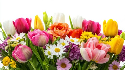 A vibrant bouquet of assorted flowers, including roses, tulips, and daisies, arranged beautifully against a clean white background.