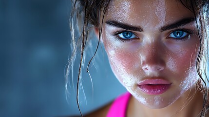 A powerful close-up of a female athlete’s face during an intense workout, her eyes filled with...