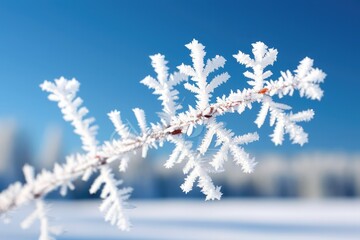 Frost covered branch glistening under clear blue sky in winter sunlight