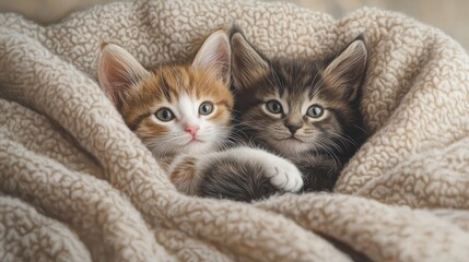 Two adorable kittens cuddling in a cozy blanket, showcasing their cute and innocent expressions in a warm and comfortable setting.