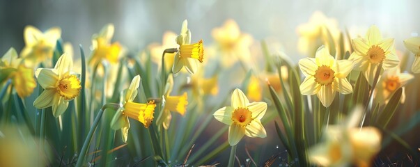 Bright yellow daffodils in early spring light, 4K hyperrealistic photo