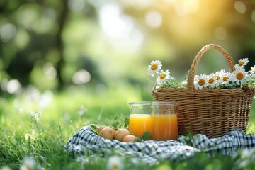 A basket of fresh grapes and a bottle of orange juice in a sunlit garden, capturing the essence of fresh, natural, and healthy produce.
