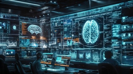 Brain Research: Scientists analyze brain scans on futuristic displays, neuroscience focus.