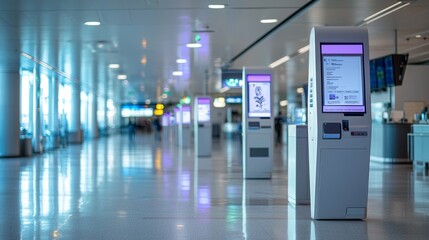 Female customer uses touchscreen terminal or self-service kiosk in hospital. Automated machine and electronic payment