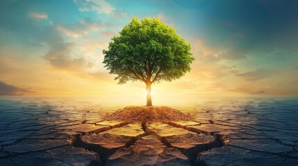 A solitary tree in a dry landscape at sunset, symbolizing resilience against climate change.