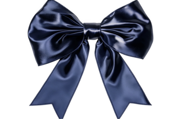 A large, blue satin bow, tied in a classic shape with a smooth, elegant finish.