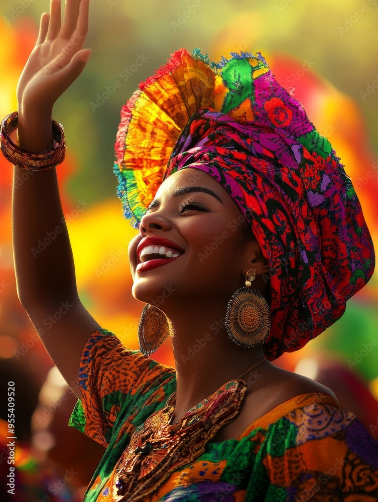 Wall mural a beautiful woman with dark skin, wearing a colorful headwrap and traditional clothing, smiles brigh