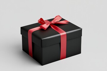 Obraz premium A black gift box with a red ribbon tied in a bow, symbolizing celebration, appreciation, love, surprise, and joy.