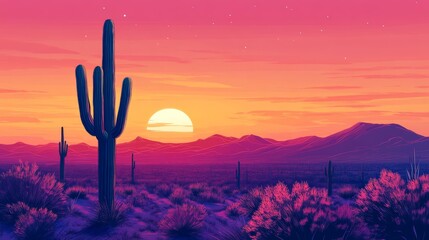 Blooming Saguaro cactus at sunset with vibrant pink and orange sky