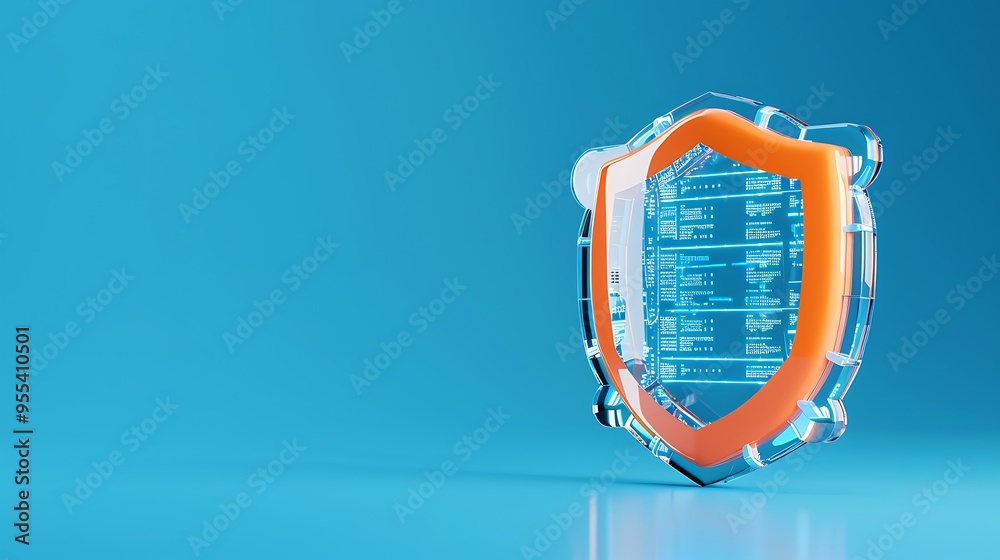 Poster digital shield with transparent code on blue background symbolizing cybersecurity, data protection, 