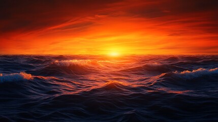 Obraz premium A breathtaking sunset paints the sky with fiery hues as the sun dips below the horizon, casting long shadows on the rolling waves of the open ocean. The vibrant colors symbolize the end of one day and