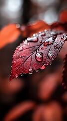 Close-up of a red leaf with water droplets, showcasing natural beauty and vibrant autumn colors in a serene outdoor setting.