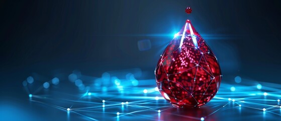 a digital blood drop icon in low poly wireframe,intelligent  healthcare and diagnostic technology, optimizing blood analysis and enhancing patient care. disease management. treatment plans.

