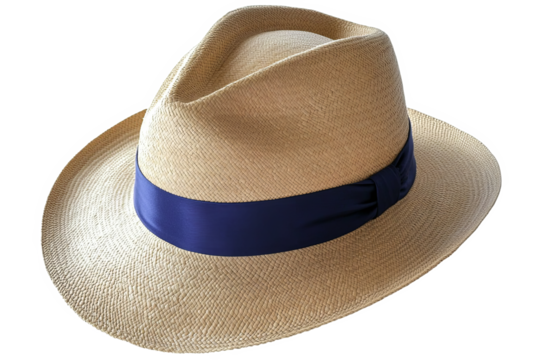 A straw hat with a blue ribbon. - Powered by Adobe
