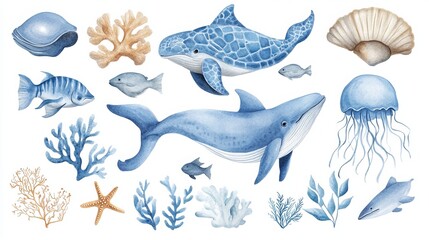 Set of sea animals. Blue watercolor ocean fish, turtle, whale, coral, shell, aquarium background, nautical dolphin marine illustration, jellyfish, starfish 