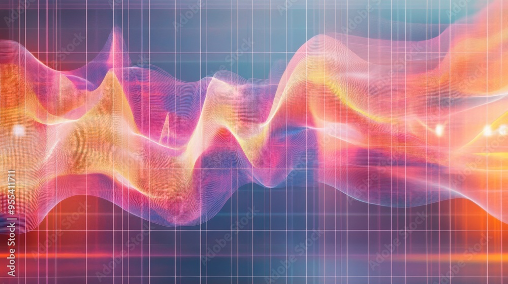 Poster a waveform pattern superimposed on a transparent grid, with vibrant colors and clear lines, creating