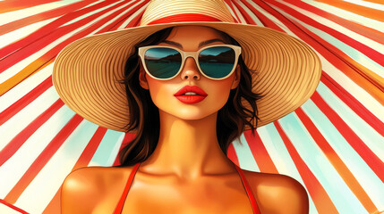 Fototapeta premium A woman wearing a straw hat and sunglasses is standing under an umbrella. The image has a bright and cheerful mood, with the pink color of the hat and the umbrella adding to the overall sense of fun
