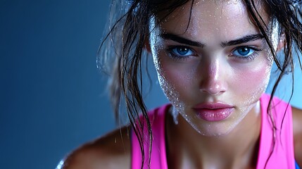 Close-up of a female athlete's intense face, sweat glistening on her skin, captured in high detail with her expression showing unwavering determination,