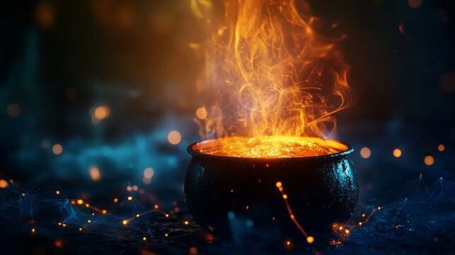 A cauldron sits in a witch's lair, filled with a bubbling concoction and enveloped in swirling flames. The scene evokes magic, mystery, and the allure of the unknown. The flames represent power, trans