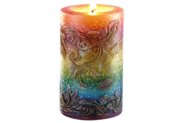 A colorful candle with a floral pattern and a warm flame burning.
