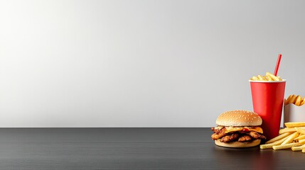 A variety of fast food items, including burgers, chicken wings, fries, and a red cup of soda, are arranged on a black wooden tabletop against a white background