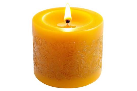 A single yellow candle with an intricate design is lit against a white transparent background.