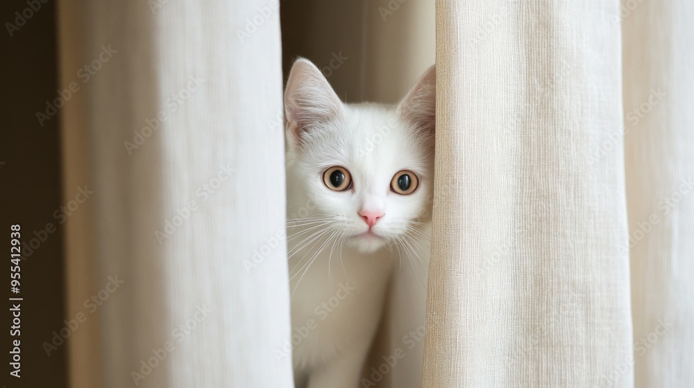 Poster A white cat with a pink nose and playful expression peeking out from behind a curtain, capturing its curiosity and charm in a home setting.