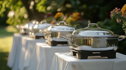 Catering at Event: Chafing dishes await food at a wedding or corporate event buffet.
