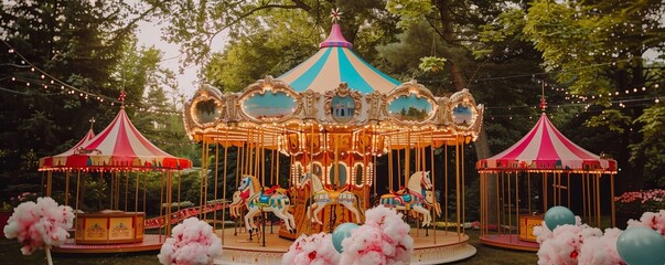 Whimsical carnival-themed wedding with a carousel and cotton candy, 4K hyperrealistic photo