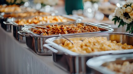 Catering at Event: Chafing dishes await food at a wedding or corporate event buffet.