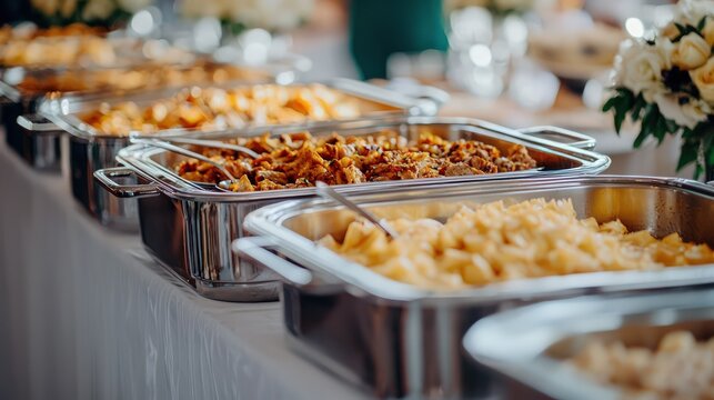 Catering at Event: Chafing dishes await food at a wedding or corporate event buffet.