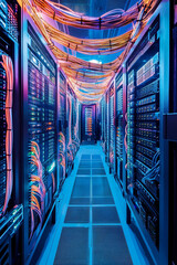 High tech data center with network switches and Ethernet cables illuminated in vibrant colors.