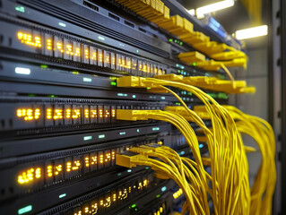 High tech network switches with illuminated indicators and yellow Ethernet cables connected, showcasing secure data center environment.