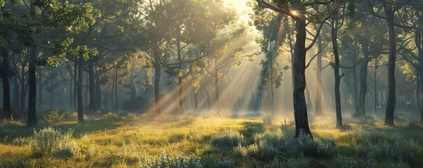 Obraz premium Soft dawn light over a forest clearing, 4K hyperrealistic photo