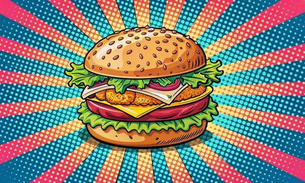 Pop art style hamburger with ingredients on a vibrant background, colorful illustration, fast food concept

