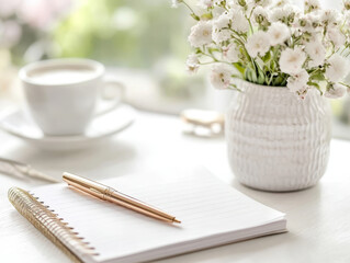 A serene workspace featuring cup of coffee, pen, and notepad, complemented by vase of fresh flowers, creates calming atmosphere for planning and creativity.