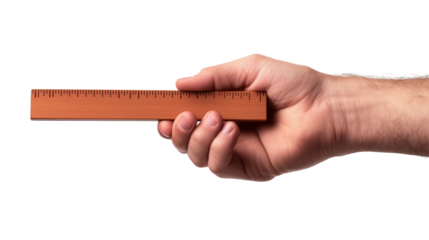 Hand holding wooden brown ruler isolated on transparent background