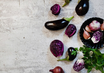 A variety of green peppers, cabbage and eggplant on the background of the old texture. Diet. Healthy eating theme background. View from above
