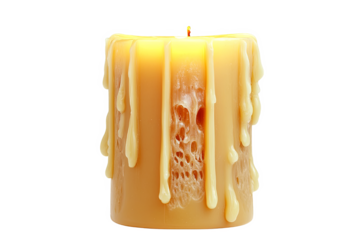 A yellow candle is lit and melting, dripping wax down the side of the candle. The wax is uneven and textured, creating an interesting pattern.