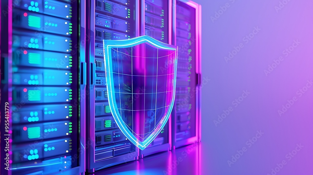 Wall mural futuristic data security concept with a glowing shield in front of server racks, representing cybers