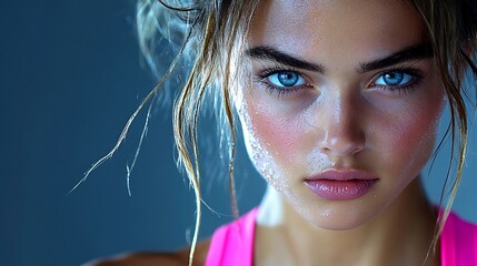 Close-up view of a female athlete’s eyes during an intense workout, showing determination and...