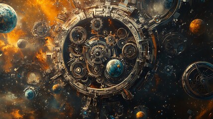 A massive, intricately-designed space station floats among stars and planets, its intricate gears and metal structures gleaming in the cosmic light.