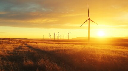 Obraz premium A wind turbine farm at sunset, with the golden light casting long shadows and the blades turning gracefully, capturing the beauty of renewable energy at dusk.