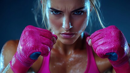 Close-up view of a female athlete’s fists tightly clenched, capturing the intensity and strength,...