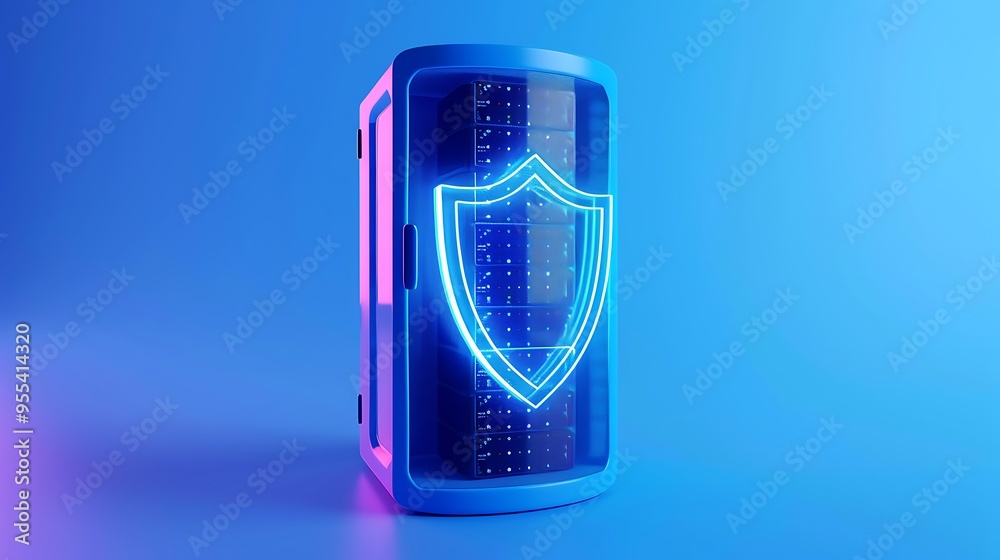 Poster futuristic data server with neon shield icon representing cybersecurity. blue background with techno